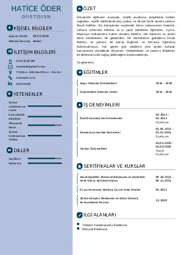 Beslenme Uzmanı Diyetisyen CV Örnekleri cv indir